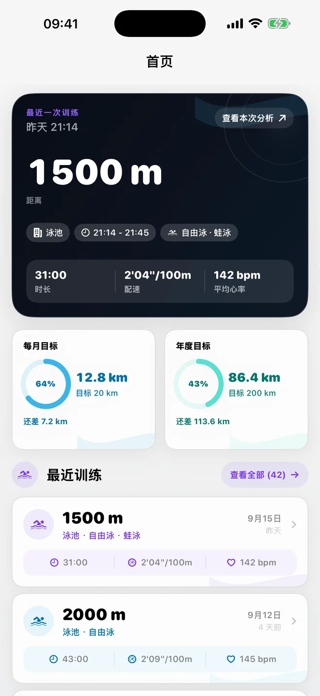 Swimee 首页，展示一次示例训练和游泳目标